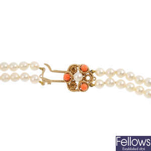 A 9ct gold cultured pearl and coral two-row necklace.