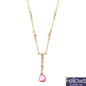 An 18ct gold pink sapphire and diamond necklace.