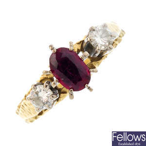 A 1970s 18ct gold ruby and diamond three-stone ring.
