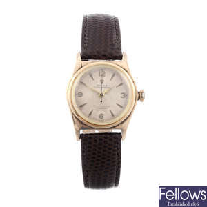 ROLEX - a mid-size gold plated Oyster Perpetual 'Bubbleback' wrist watch.
