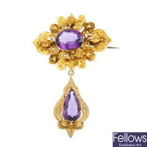 A late Victorian gold amethyst brooch.