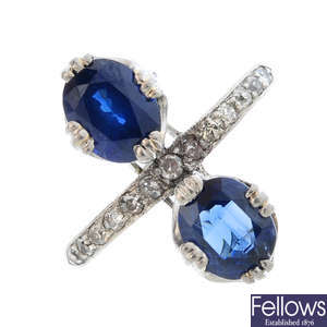 A mid 20th century sapphire and diamond dress ring.