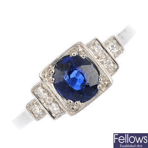 A mid 20th century sapphire and diamond ring.