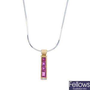 A ruby and diamond pendant, with 18ct gold chain.
