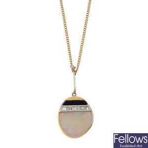An opal, onyx and diamond pendant, with 18ct gold chain.