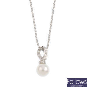 MIKAWA - a cultured pearl and diamond pendant, with chain.