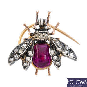 A late Victorian silver and gold, diamond and ruby fly pin.