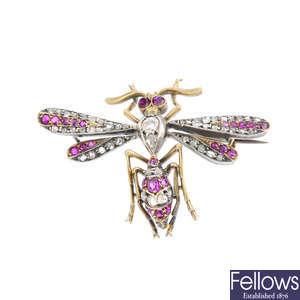 A late Victorian silver and gold, diamond and ruby wasp brooch.