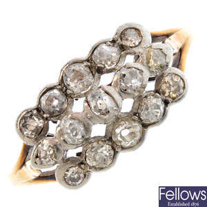 A mid 20th century 18ct gold and platinum diamond dress ring.
