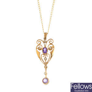 A 9ct gold amethyst and split pearl pendant, with 9ct gold chain.