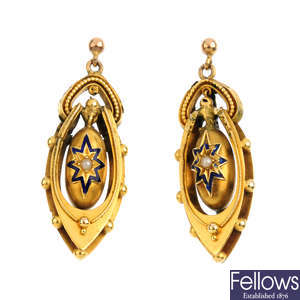 A pair of late Victorian gold split pearl and enamel earrings.