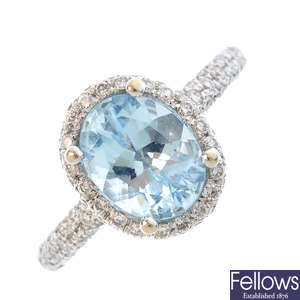 An aquamarine and diamond pendant and ring.