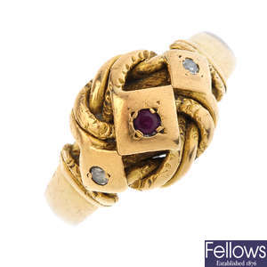 An early 20th century 18ct gold diamond and ruby ring.