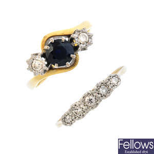 Two mid 20th century 18ct gold diamond and gem-set rings.