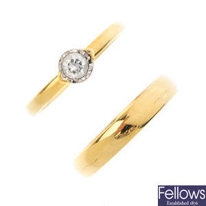 An 18ct gold diamond single-stone ring and a band ring.