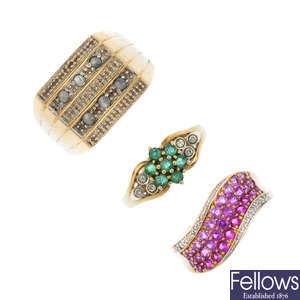 Three 9ct gold diamond and gem-set rings.