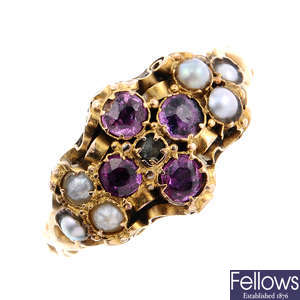 A mid Victorian 18ct gold garnet and split pearl ring.
