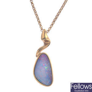 An opal doublet pendant, with chain.
