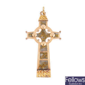 A late Victorian gold, marble cross pendant.