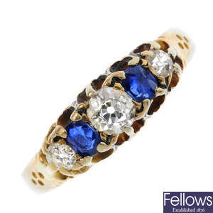 A late Victorian 18ct gold diamond and sapphire ring.