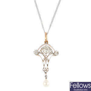 An early 20th century gold and platinum, diamond and cultured pearl pendant, with later chain.