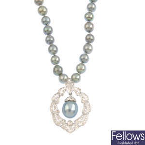 A dyed cultured pearl and diamond necklace.