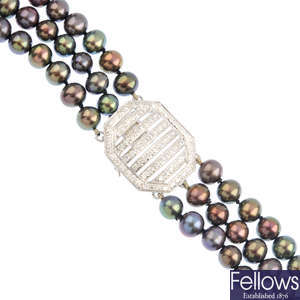 A dyed cultured pearl three-row necklace, with diamond clasp.