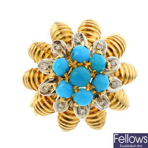 A 1960's 18ct gold turquoise and diamond ring.