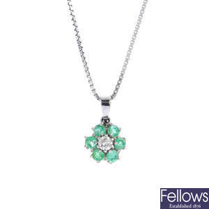 An emerald and diamond pendant, with 18ct gold chain.