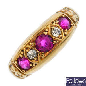 An early 20th century 18ct gold diamond and ruby five-stone ring.