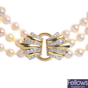 A cultured pearl three-row bracelet, with diamond clasp.
