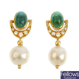 A pair of emerald, cultured pearl and diamond earrings.