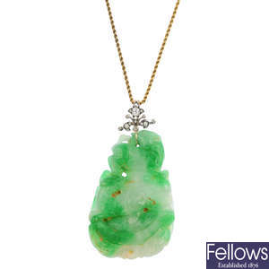 A jadeite and diamond pendant, with chain.