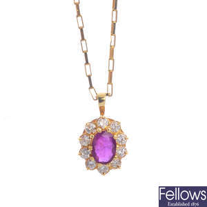 A glass-filled ruby and diamond cluster pendant, with 9ct gold chain.