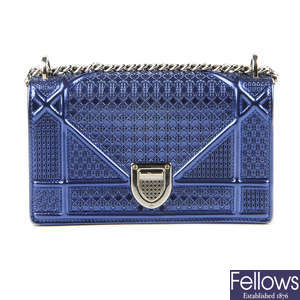 CHRISTIAN DIOR - a metallic blue Mini Micro-Cannage Diorama Flap handbag.