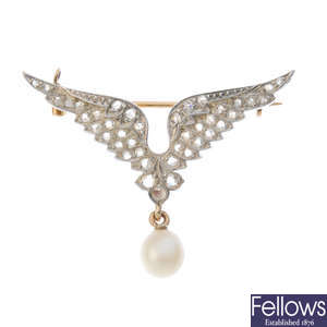An early 20th century gold and silver diamond and cultured pearl brooch.