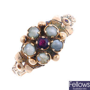 A mid Victorian gold split pearl and red gem ring.