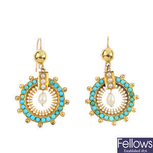A pair of late Victorian 15ct gold turquoise and pearl earrings.