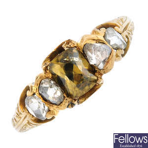 A late 19th century 15ct gold zircon and diamond dress ring.