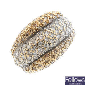 A 14ct gold diamond and 'coloured' diamond dress ring.