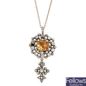 An early Victorian topaz and diamond pendant, with chain.