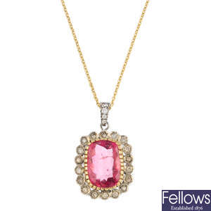 A tourmaline and diamond cluster pendant, with chain.