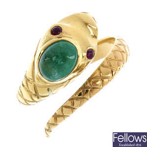 An emerald and ruby snake ring.