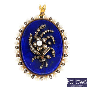 An early 20th century lapis lazuli and gem-set pendant.