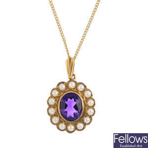 A 9ct gold amethyst and seed pearl pendant, with 9ct gold chain.