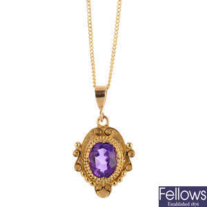 An amethyst pendant, with chain.