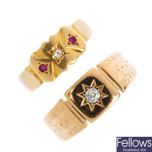 Two diamond and gem-set signet rings.