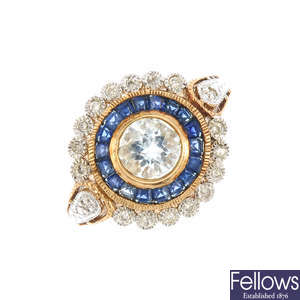 A 1970's 9ct gold aquamarine, sapphire and diamond cluster ring.