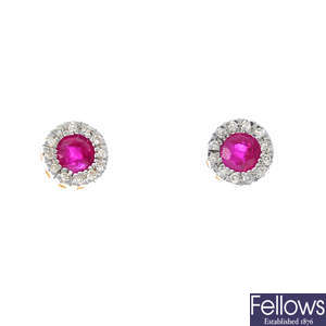 A pair of 9ct gold ruby and diamond cluster earrings.