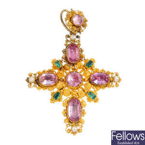 An early 19th century gold, topaz and gem-set cross pendant and necklace.